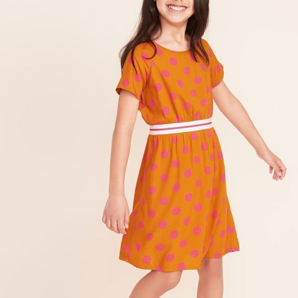 New OLD NAVY Mustard Gold Pink Polka Dot Dress S